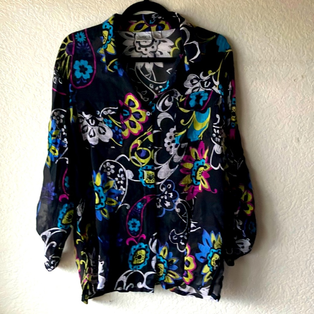 Chico's 100% Silk Sheer Black w Green Blue White Fuscia Floral Shirt wmns 3 (16)